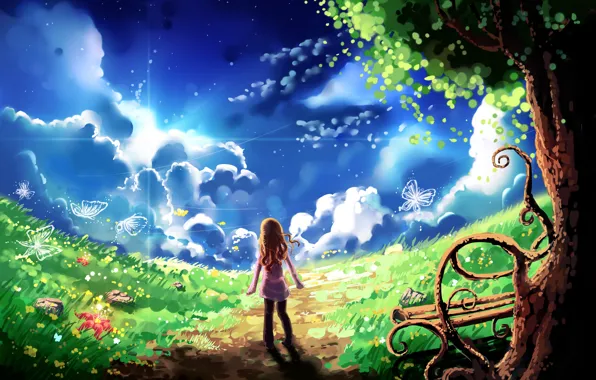 Картинка небо, облака, бабочки, дерево, арт, лавочка, девочка, тропинка