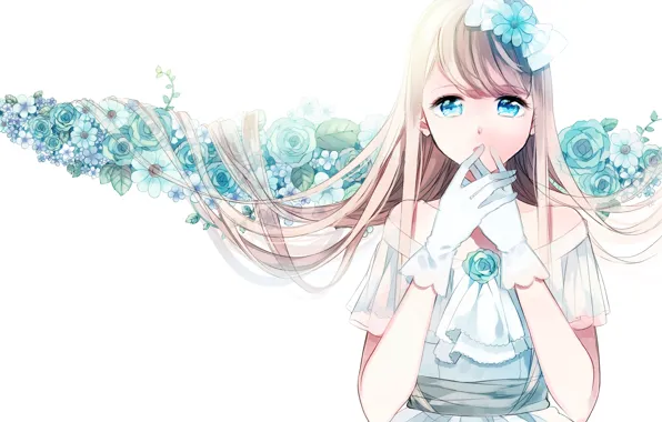 Цветы, Девочка, белый фон, перчатки, голубые глаза, белое платье, длинные волосы