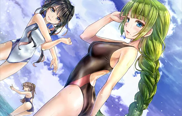 Лето, девушки, арт, купальники, kantai collection