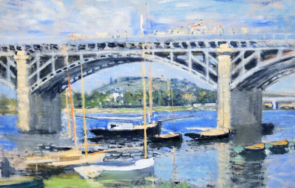 Картинка пейзаж, река, картина, лодки, Клод Моне, Мост через Сену