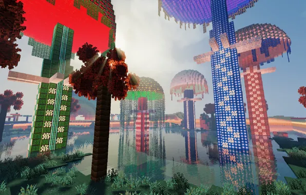 Небо, трава, вода, озеро, парк, пальмы, башни, Minecraft