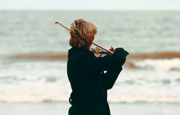 Море, пляж, музыка, скрипка, музыкант, пальто, скрипка лук