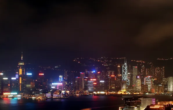 Ночь, Гонконг, небоскребы, Огни, неон