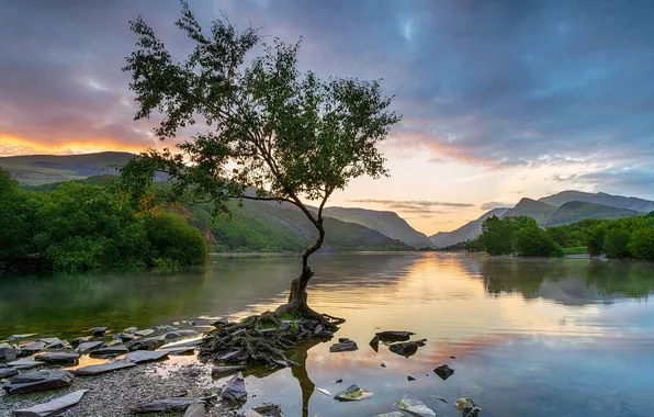 Картинка Озеро, Горизонт, Sunrise, красота природы, Snowdonia National Park, Восход солнца, Национальный парк Сноудония, Живописный пейзаж