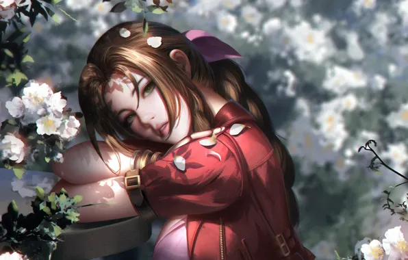 Картинка лицо, лепестки, рыжая, Final Fantasy, красное платье, Финальная Фантазия, цветение весной, свет и тень