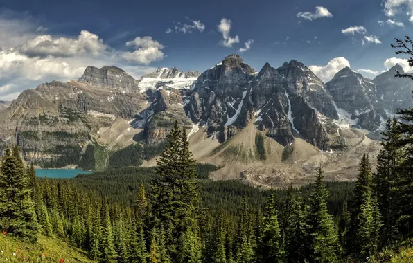 Картинка лес, горы, озеро, панорама, Banff National Park, Alberta, Canada, Moraine Lake