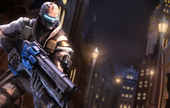 Ночь, город, рендеринг, маска, солдат, overwatch, soldier 76, jack morrison