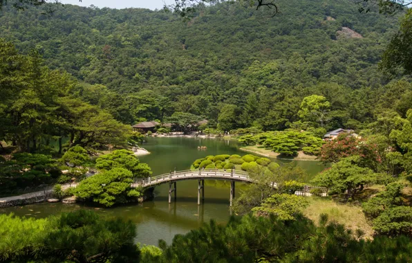 Картинка деревья, пейзаж, мост, природа, река, фото, Япония, сады