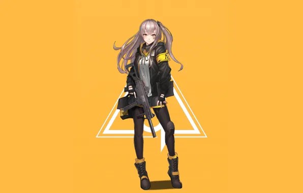 Девушка, оружие, аниме, арт, куртка, жёлтый фон, Girls Frontline, Девушки фронта