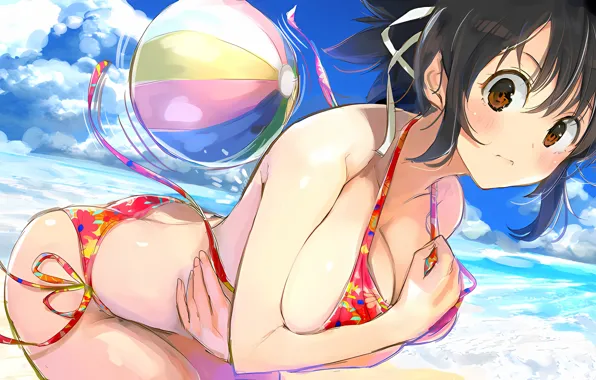 Girl, sexy, cleavage, beach, sky, sea, boobs, anime