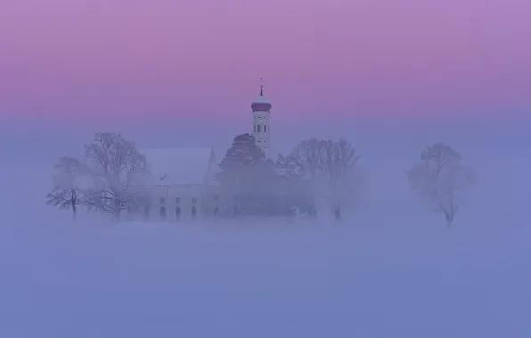 Зима, снег, Германия, Бавария, дымка, мгла, Швангау, церковь Святого Кальмана