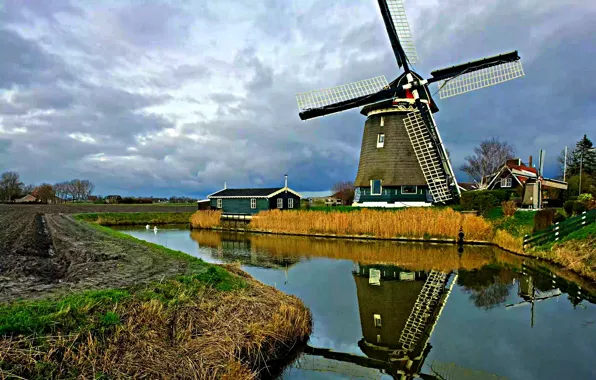 Картинка небо, река, мельница