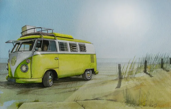 Картинка пляж, рисунок, Volkswagen, живопись, микроавтобус, Transporter, Фольксваген, Type 2