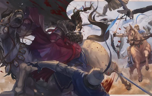 Картинка оружие, кровь, меч, аниме, лошади, арт, битва, воины
