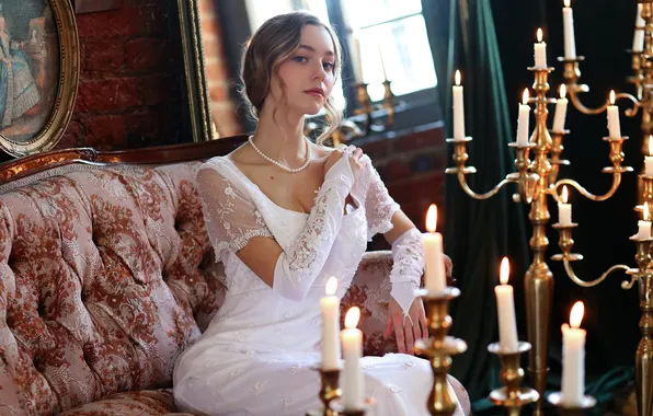 Картинка fashion, cleavage, model, women, brunette, sitting, white dress, makeup