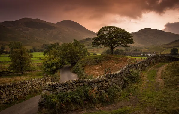 Картинка дорога, деревья, горы, тучи, забор, Англия