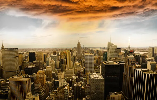 Город, небоскребы, Manhattan, New York City, Rockefeller Center, панорамма