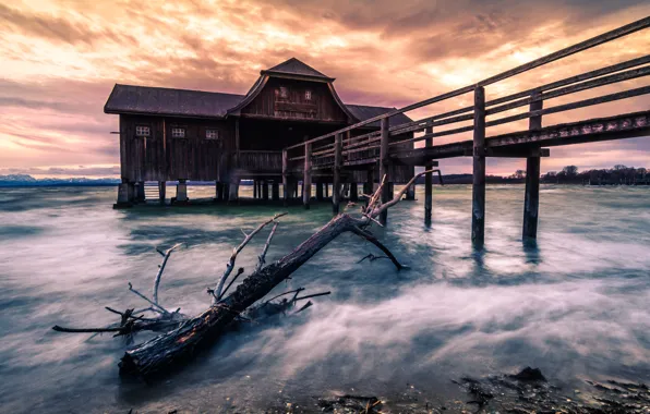 Sunset, long exposure, Ammersee, Boathouse