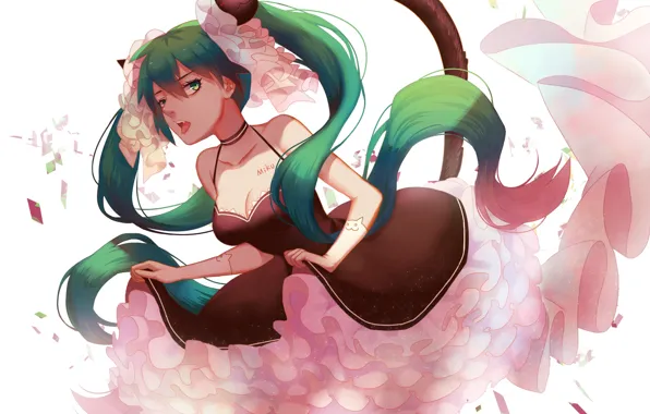 Хвост, декольте, vocaloid, Hatsune Miku, длинные волосы, оборки, neko girl, пышная юбка