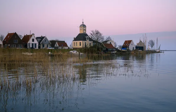 Картинка река, берег, дома, лодки, церковь, Нидерланды, Durgerdam