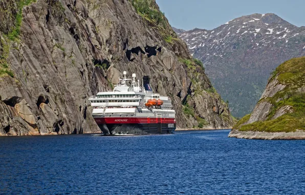 Картинка море, скалы, Норвегия, круизный лайнер