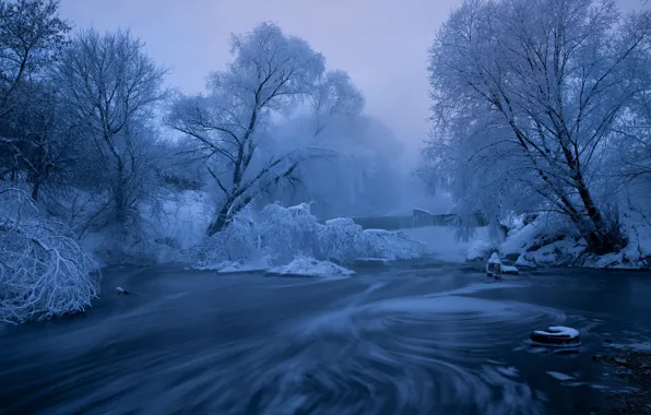 Картинка зима, иней, деревья, река, водопад, утро