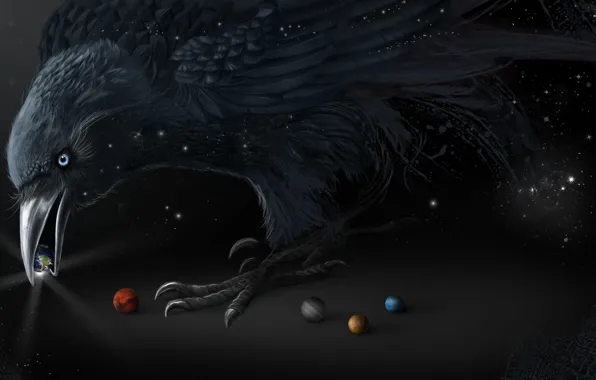 Картинка птица, черный, планеты, клюв, арт, ворон