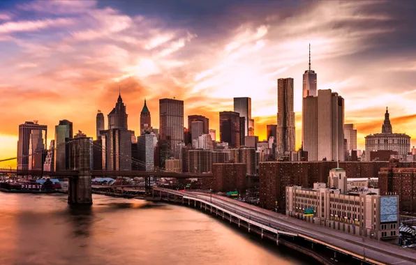 Картинка lights, USA, river, sky, bridge, sunset, New York, Manhattan