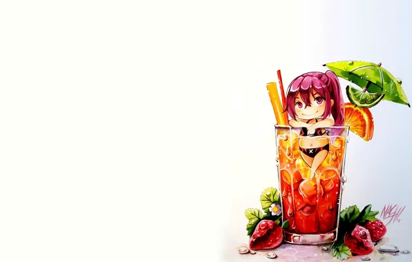 Лето, аниме, арт, девочка, коктейль, naschi