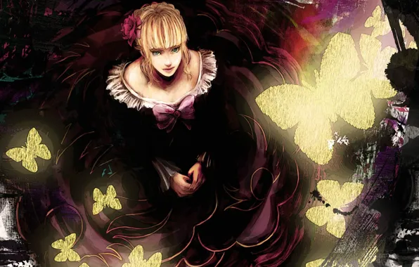 Бабочки, декольте, рыжая, голубые глаза, цветок в волосах, Umineko no Naku Koro ni, Beatrice, Когда …