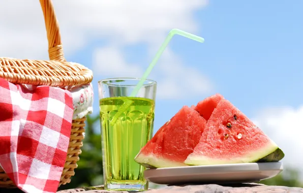 Лето, вода, корзина, арбуз, трубочка, напиток, пикник