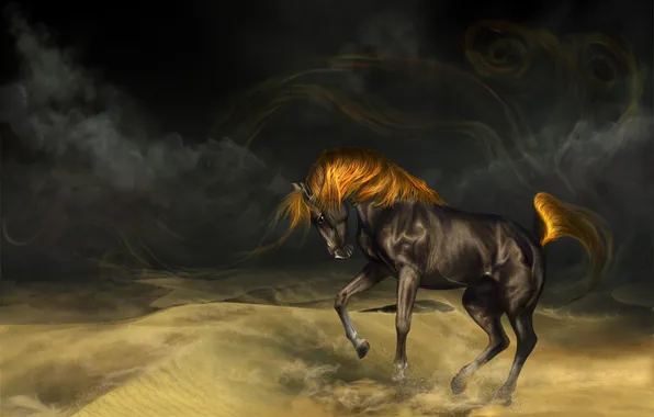 Картинка песок, конь, лошадь, буря, арт, грива, вороной, masterBo