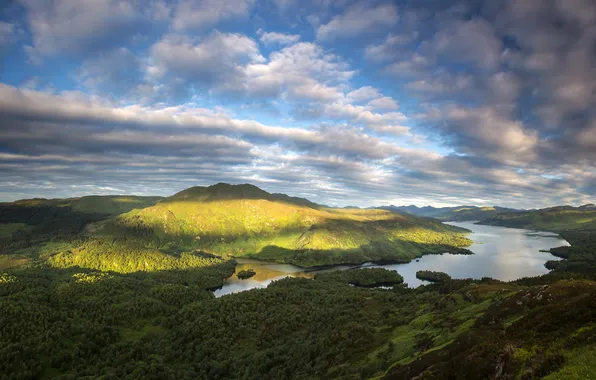 Лес, облака, горы, озеро, Шотландия, Loch Katrine