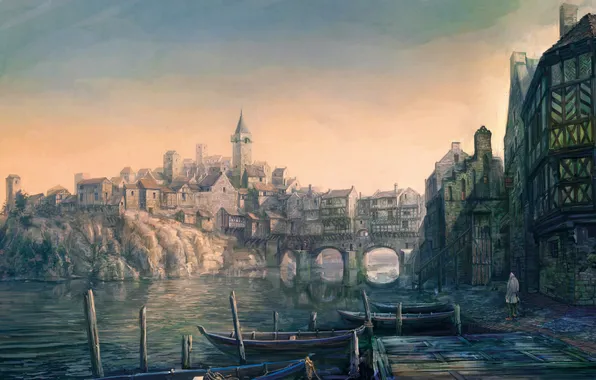 Город, лодки, причал, Ведьмак, The Witcher 3: Wild Hunt