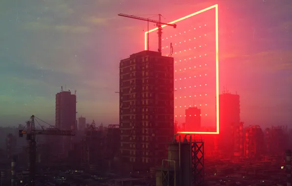 Город, Неон, Стиль, Кран, Здания, Здание, City, Fantasy