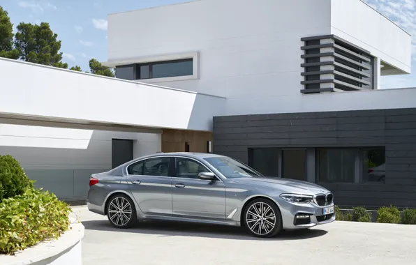 Картинка небо, дом, серый, растительность, BMW, стоянка, седан, клумба