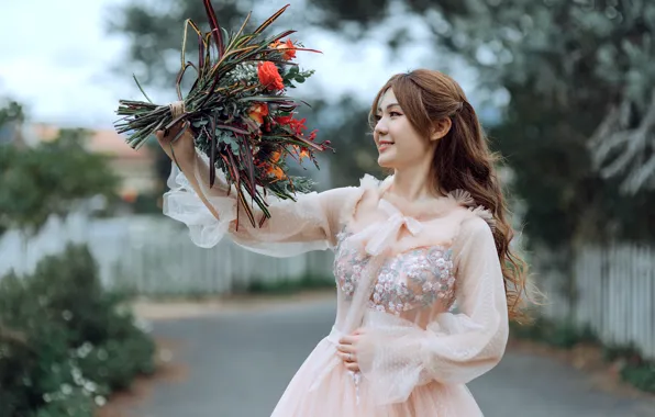 Радость, счастье, улыбка, красота, азиатка, букет цветов, smile, beauty