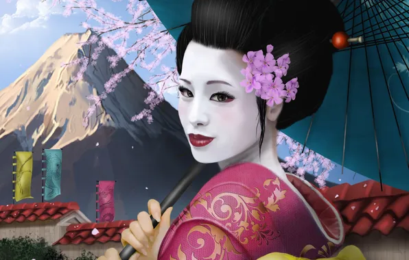Картинка девушка, азия, гора, зонт, сакура, арт, гейша, кимоно