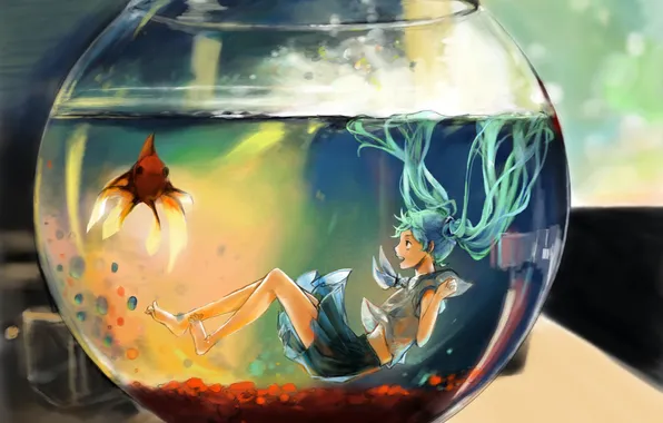 Картинка вода, аквариум, рыбка, hatsune miku, вокалоид