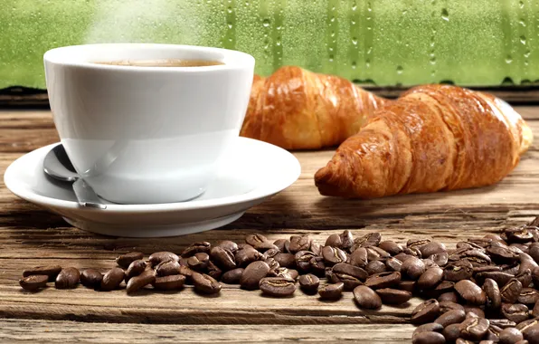 Картинка кофе, кофейные зерна, coffee, круассаны, coffee beans, croissants