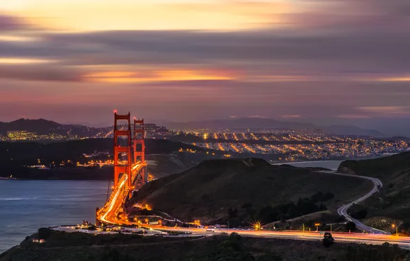 Облака, огни, утро, San Francisco, Сан - Франциско, Золотые ворота, the Golden Gate Bridge
