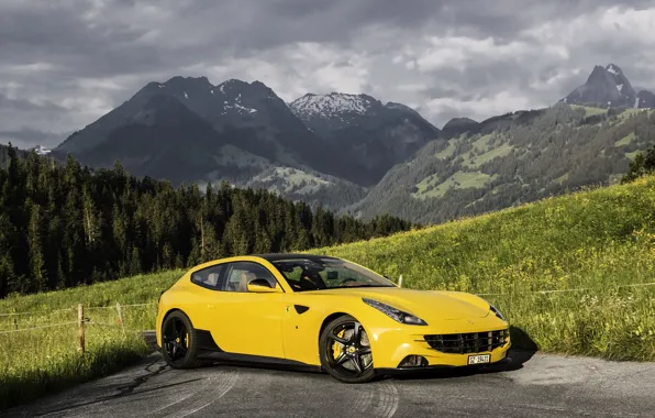 Ferrari, forest, yellow, mountain