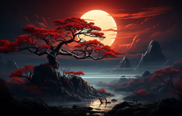 Картинка Eastern, Foliage, Night, Crimson, Mystical