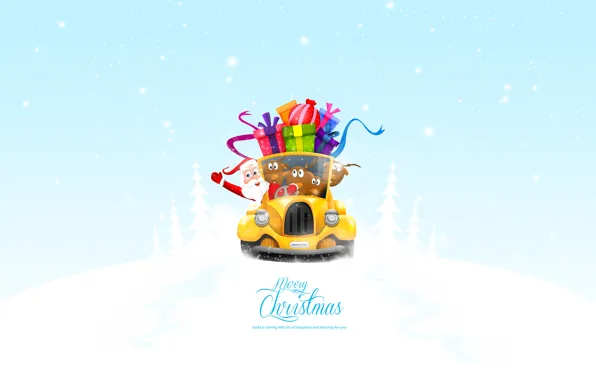 Машина, новый год, рождество, подарки, new year, санта клаус, олени, merry christmas