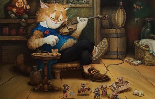 Картинка кот, скрипка, рисунок, сказка, арт, детская, Сказочки кота Кузьмы, Александр Маскаев