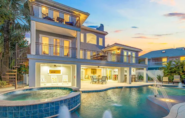 Пальмы, вилла, вечер, Флорида, освещение, архитектура, villa, Florida