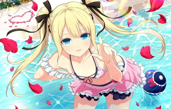Girl, sexy, cleavage, beach, long hair, boobs, anime, water