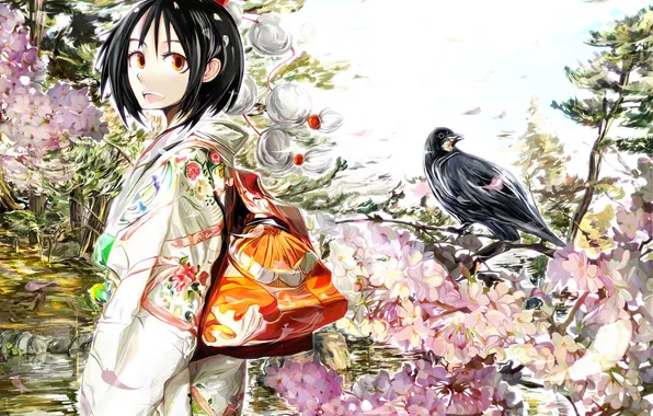 Картинка цветы, настроение, птица, весна, аниме, сакура, девочка, кимоно