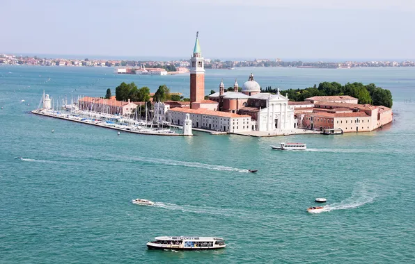 Картинка море, остров, башня, дома, Италия, церковь, Венеция, канал