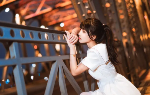 Beautiful, Asian, Model, Bridge, Night, Woman, Road, Cute